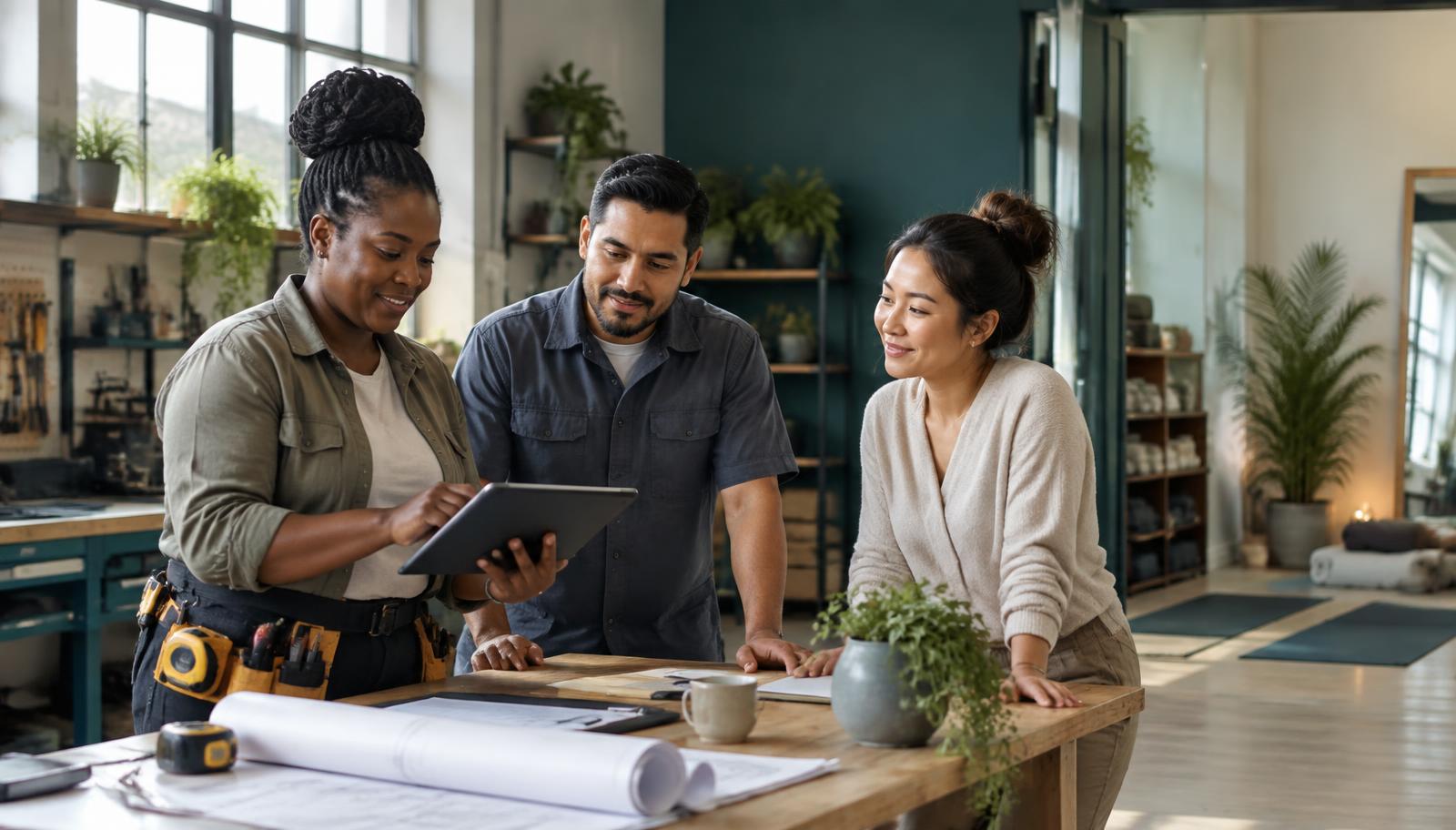 Three diverse local business owners reviewing plans together
